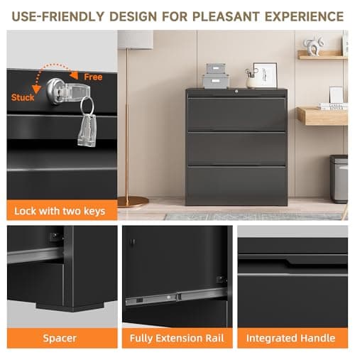 Topass Lateral File Cabinet, 3 Drawer Lateral File Cabinet with Lock, Lockable Metal File Cabinet for Home Office, File Cabinet for Letter/Legal/F4/A4 Size (Black, 3 Drawer) 6