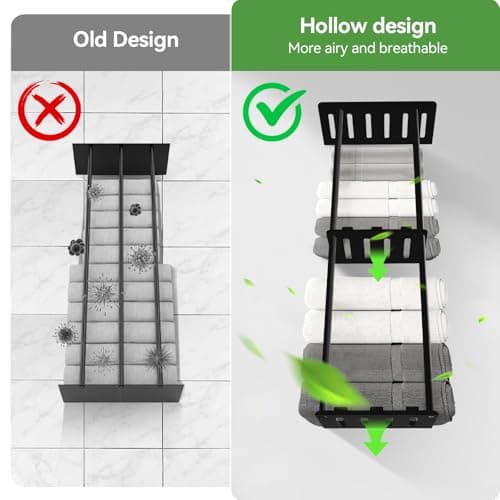 KISENG Towel Racks for Bathroom, 3 Tier Metal Towel Holder, with Shelf & 6 Hooks, 29 inch Wall Mounted Towel Storage, 6 Large Bath Towels Capacity,Small Bathroom Towel Rack for Rolled Towels, Black 7