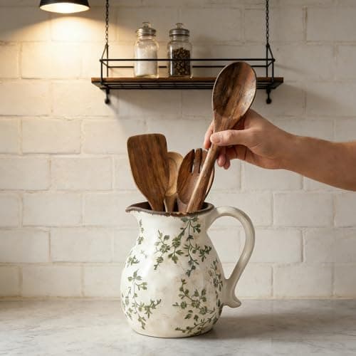 Rustic Ceramic Utensil Holder, 6.1"Modern Farmhouse Cooking Utensil Holder for Kitchen Counter with Handle, Kitchen Utensil Organizer Crock for Countertop Home Decor, Vintage Spoon Tool Tray(white) 7