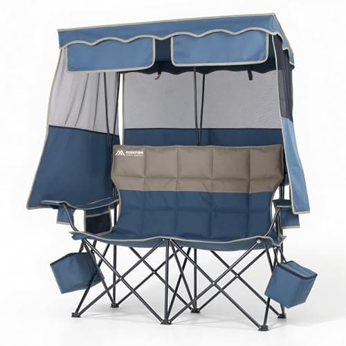 Double Beach Chair With Canopy Shade Camping Chair With Canopy Oversized Double Camping Chair With Canopy Folding Loveseat Chair With Two Cup Holders and Cooler Bag For Camping,Beach, Fishing
