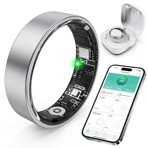 SARUNN ER Smart Ring with Sleep Monitoring, Step Counting, Heart Rate, Blood Oxygen, Blood Pressure for iPhone and Android, No Subscription Fee, IP68 Waterproof Health Tracker (Silver, 8)