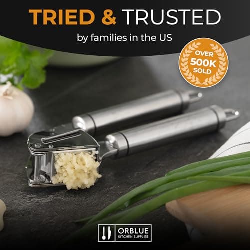 ORBLUE Garlic Press Stainless Steel - Premium Professional Grade Garlic Mincer, Crusher & Peeler Set - Easy Clean, Dishwasher Safe & Rust-proof 8