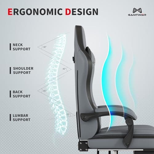 Gamtimer Gaming Chair with Footrest, Ergonomic Computer Chair, PU Breathable Material with Headrest and Lumbar Support, Suitable for Silla Gamer and Adults（Grey 7