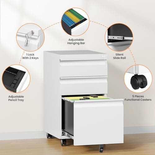 AFAIF 3 Drawer Mobile File Cabinet with Lock, Rolling File Cabinets for Home Office, Under Desk Small File Caninet on wheels, Metal Vertical White Filing Cabnet for Legal/Letter/A4 - Assembly Required 6