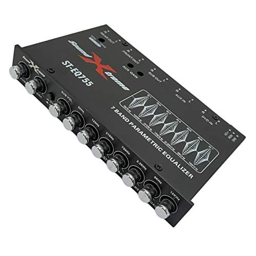 SoundXtreme ST-EQ755 1/2 Din 7 Band Car Audio Parametric Equalizer EQ with Front, Rear + Sub Output 8 Volt RMS Three Stereo RCA Output Built-in Input AUX / DVD Select Switch 8
