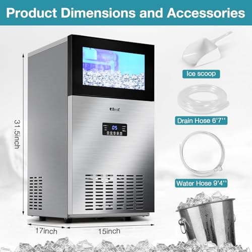 Upgraded Commercial Ice Maker Machine 130LBS/24H with 35LBS Storage Bin,15Inch Wide Ready in 11-20 Mins Under Counter/Freestanding Stainless Steel Gravity Drainage Large Ice Machine 7