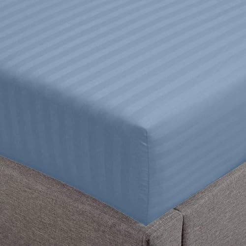 Feather & Stitch 1 Piece Fitted Sheet Queen Size, 100% Cotton Damask Sateen Weave, Striped Breathable, Stretchable Elastic Sheet for Mattress 18 inch Deep Pocket, 500TC Premium Ultra Soft - Blue