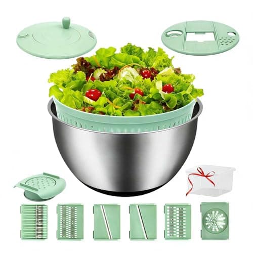 VVAKAM 5.3QT Salad Spinner Large,Stainless Steel Lettuce Spinner,Fruit Vegetables Wash Bowl with 5 Blade Slicer,Egg Yolk Strainer Slicer Shredder,Kitchen Colander for Salad Make and Food Washing