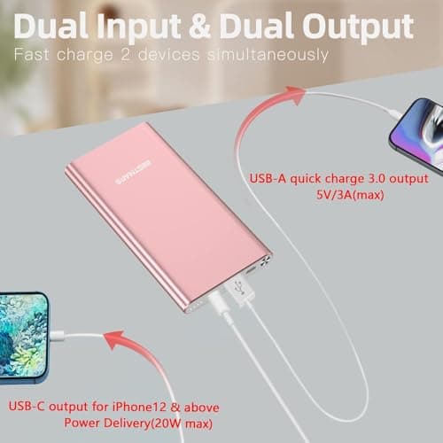 BESTMARS Pink Power Bank Fast Charging 20W High-Speed Portable Charger 10000mAh USB-C Back Up Battery Pack Powerbank for iPhone 16 15 14 13 12 11 X XS XR Pro Max Samsung Cell Phone etc Pink Rose Gold 4