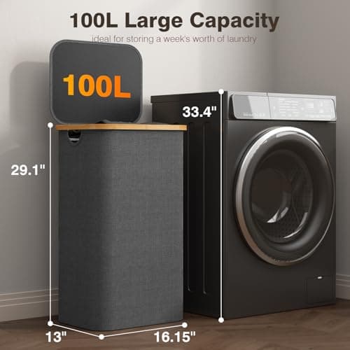 100L Laundry Hamper with Lid, Large Laundry Basket with Bamboo Handles, Clothes Hampers for Laundry with Removable Bag, Dirty Clothes Hampers for Bedroom Aesthetic, Dark Grey 2