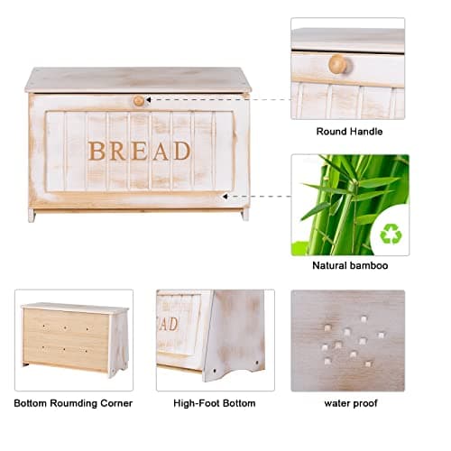HOMEKOKO Vintage Large Wood Bread Box for Kitchen Counter, Retro Design Single Layer Bamboo Large Capacity Food Storage Bin (White) 5