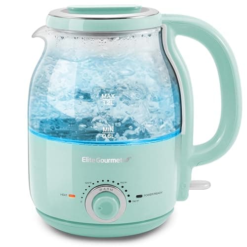Elite Gourmet 1.2L Electric Glass Kettle, 1200W Fast Boil, Adjustable Temperature Control & Keep Warm, BPA-Free Borosilicate Glass, Auto Shut-Off & Boil-Dry Protection, 360° Cordless Base, Mint