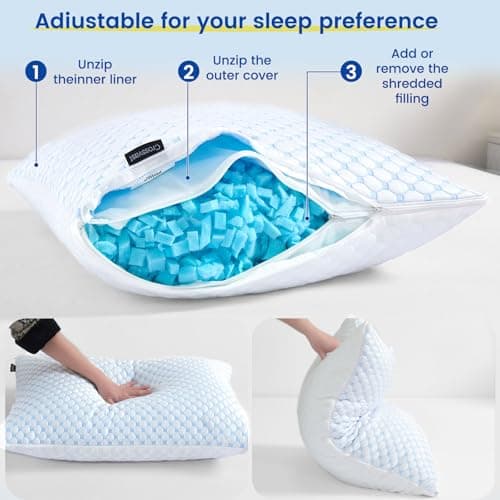 Crossvast Shredded Memory Foam Pillows for Sleeping 2 Pack - Cooling Bed Pillows Standard Size Set of 2 - Adjustable Firm Pillow for Side and Back Sleepers with Removable Cover 6