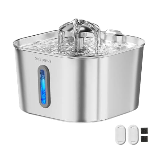 SARPAWS Cat Water Fountain Stainless Steel：74oz/2.2L Water Fountains for Cats Indoor, Cat Fountains for Drinking, Ultra-Quiet, Water Level Window, Pet Water Fountain - 2 Filters + 2 Sponges