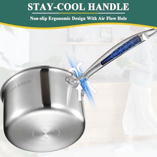 DELARLO Stainless Steel Small Brushed Saucepan With Lid, Induction Cooking Sauce Pot Pan, Full-body Clad Tri-Ply Heavy Duty Saucier Cookware, Dishwasher Safe & Oven Safe(2 Quart) 7