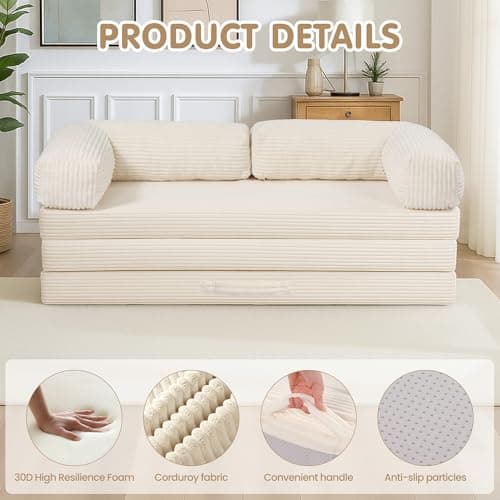 5-in-1 Convertible Folding Sofa Bed,Full Tri-Fold Mattress with Removable L-Shaped Armrests,Corduroy Boneless Couch Floor Sofa Futon Couch Sleeper with Pull Out Bed for Living Room Bedroom Apartment 6