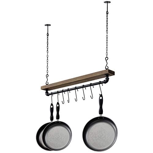 MyGift 30 Inch Ceiling or Wall Mounted Pot Rack with Rustic Brown Solid Wood Shelf and Industrial Matte Black Metal Pipe, Hanging Cookware Utensils Organizer with 8 S-Hooks