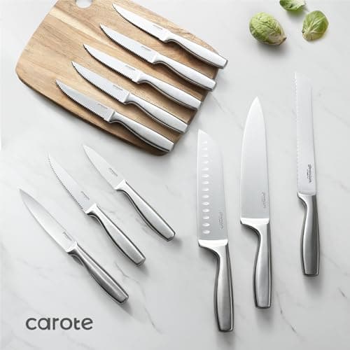 CAROTE 12-Piece Knife Set, All-Stainless Steel Knife Block Set, Kitchen Knives with Wooden Block, Razor-Sharp and Ergonomic, Dishwasher Safe 8
