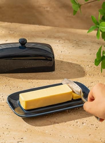 Sweese Butter Dish with Lid, Porcelain Butter Keeper, 7.8 Inch Butter Holder with Handle Cover, Butter Container Perfect for East West Coast Butter, Navy 5