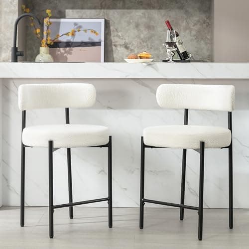 Locus Bono 24'' Boucle Counter Stool Set of 2, White Upholstered Back Stools for Kitchen Island/Counter