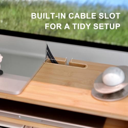 ROCDEER Bamboo Monitor Stand Riser with Drawer, Ergonomic Computer Riser for Desk with Cable Management & Storage Organizer, Wood Monitor Stand for Home Office 5