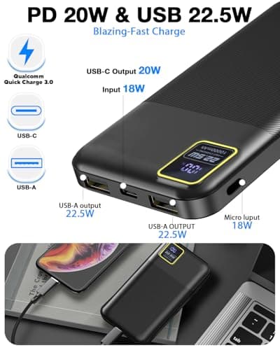 YUMGOOD 2-Pack Portable Charger, 10000mAh Power Bank with USB-C Input & Output, 22.5W Fast Charging Battery Pack with LED Display, Compact External Battery, PD & QC 3.0 Compatible with iPhone 17/16/15 6