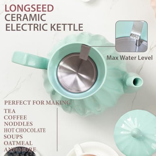 LONGSEED Ceramic Electric Kettle, 1.5L/1200W Boil Water Quickly and Easily with Boil-Dry Protection Auto Shut Off, Detachable Swivel Base, Diamond Cut Glazed 8