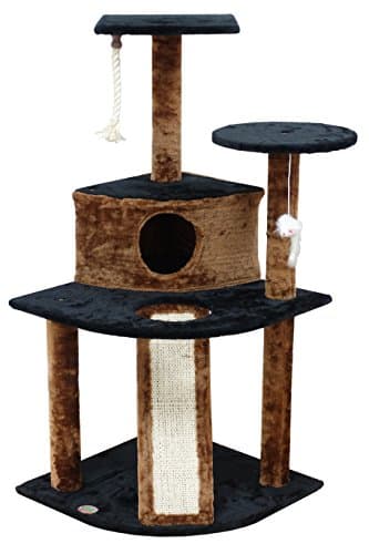 Go Pet Club Everyday Value 47in Corner Cat Tree Kitty Condo Kitten Scratcher Tower House Furniture with Hanging Toys for Indoor Cats, Brown/Black