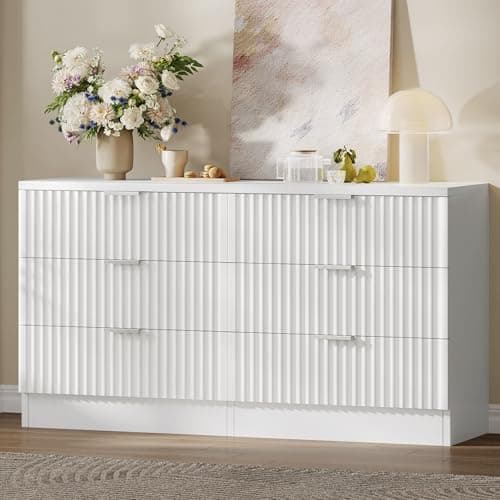 DWVO 6 Drawer Dressers, Chest of Drawers with Fluted Panel, Wide Versatile Storage Dresser Organizer for Living Room, Kitchen and Office, White