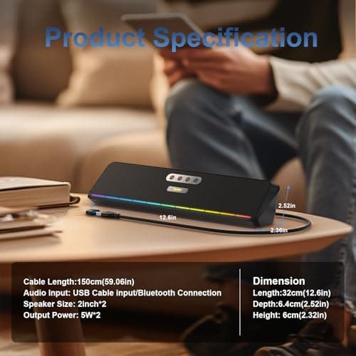 Computer Speakers for Desktop Laptop Tablet, Wired USB Mini Sound Bar Speaker with Stereo Sound, Vibrating Diaphragms, Flowing LED, Plug-n-Play PC Speakers Computer Sound Bar, Bluetooth & USB Input 6