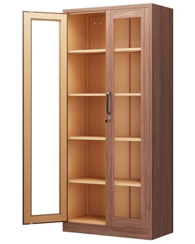 PEUKC Display Cabinet with Glass Doors, 71 Inches Metal Display Case with 4 Adjustable Shelves, Curio Storage Cabinet with Lock for Home, Office, Book, Pantry, Assemble Required (Wood Color)