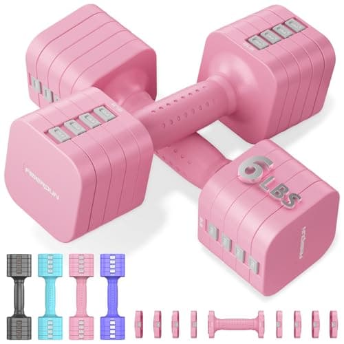 FEIERDUN 5-in-1 Adjustable Dumbbell Set of 2, 12LBS/6LBS Hand Weights for Women, 1s-Adjust Dual-Stable Dumbbell Set for Women Home Gym & Outdoor, Pink