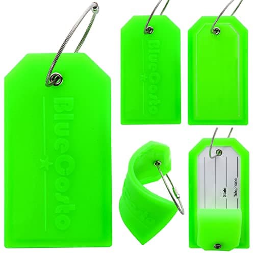 BlueCosto - Luggage tags - large, green, 5 pieces - PVC luggage tags with privacy screen and stainless steel wire loops - personalized luggage identification for travel - name labels for backpacks