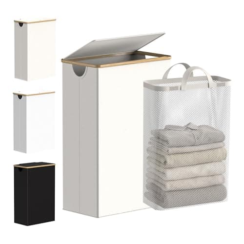 efluky Slim Laundry Basket with Lid, Narrow Laundry Hamper with Removable Bag, Skinny Dirty Clothes Basket with Bamboo Handles for Bathroom, Bedroom & Laundry Room, 63L Beige