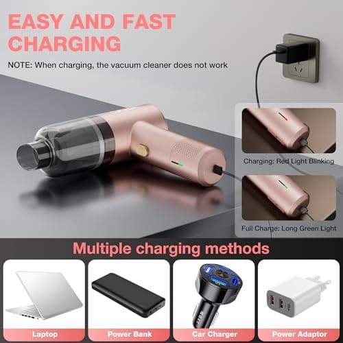Cimesen Car Vacuum Portable 4 in 1 Vacuum Cleaner 10000Pa Mini Handheld Vacuum Cordless Rechargeable 120W High Power Vacuum Cleaner & Air Duster Multi-Nozzles for Car Home Office Pet （Pink） 6