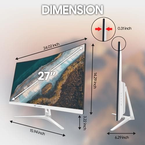 CRUA 27" White Monitor, Full HD(1920x1080P) VA Panel 1800R 75HZ 99% sRGB Curved Computer Monitors, 3Sides Frameless, Flicker-Less,Blue Light Filter, Wall Mountable/Tilt Adjustable for Office & Gaming 5