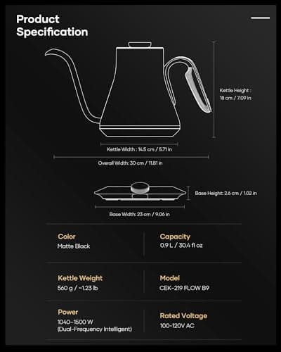 Cocinare Barista Collection Gooseneck Electric Kettle, ±1℉ Precise Temperature Control for Pour-Over Coffee & Tea, Quick Heating 1500W, Stainless Steel Interior, 0.9L (Matte Black) 8