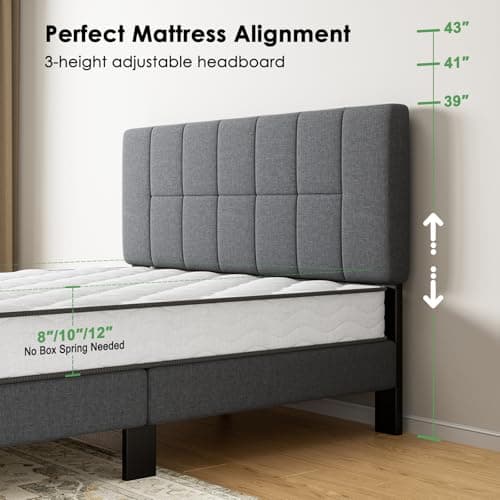 Marsail Queen Size Bed Frame, Sturdy and Durable with 12 Support Legs, 1300 lbs Capacity, Solid Wooden Upholstered Adjustable Headboard for 6"-12" Mattresses, Easy Assembly, Ideal Height, Dark Gray 7