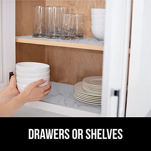 GORILLA GRIP DripGuard Shelf Liner, Non-Adhesive Drawer and Kitchen Cabinet Protector, Strong Grip Slip Resistant Underside, Smooth Surface Liners for Cabinets, Bathrooms, Closets, 12x240 Inch, Marble 7