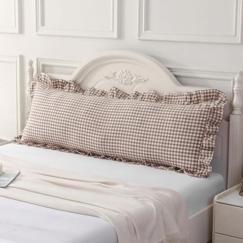 Silnuo Taupe/White Plaid Ruffled Body Pillow Cover Washed Cotton Farmhouse Checkered Gingham 1 Piece Pillowcase for Living Room 20"x54"