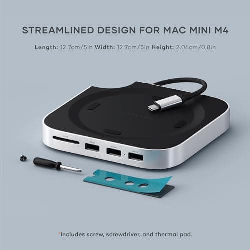 Satechi Mac mini M4 Hub & Stand with NVMe SSD Enclosure, Mac mini M4 Dock with 2xUSB A Up to 10Gbps, USB A Data Port, SD Card Reader, Optimized Self-Cooling - Silver 7