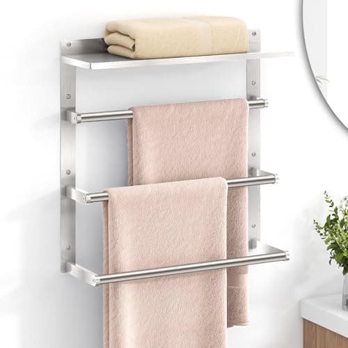 Towel Rack for Bathroom, 4-Tier Wall Tower Rack with Shelf, Stainless Steel Lavatory Bathroom Shelves with Towel Bar for 3, 16" Brushed Nickel Towel Rack Hotel Style Towel Holder Wall Mounted