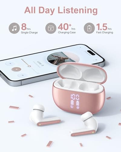 HUIFU Ear Buds Wireless Earbuds - Bluetooth Headphones 40H Playtime LED Display Deep Bass Stereo in-Ear Earphones with IPX7 Waterproof for iPhone Android Phone Tablet Laptop, Rosepink 5