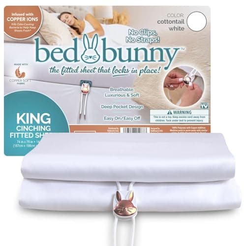 Bed Bunny Locking Fitted Bed Sheet Stays On & Won’t Slip, Built-in Compression Cord Hugs Mattresses Tight, AS SEEN ON TV, Won’t Slip Off, Anti-Wrinkle & Stain-Resistant CopperSoft Infused with Copper