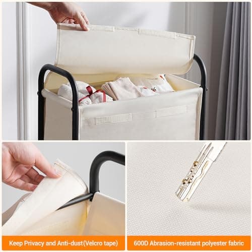 ELYKEN Slim Laundry Hamper with Lid, 50L Small Rolling Laundry Basket on Wheels, 7.9” Narrow Dirty Cloth Cart with Removable Inner Bag for Small Bathroom, Bedroom, Creamy 5