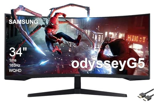 SAMSUNG 34" Odyssey G5 Ultra-Wide Gaming Monitor, 1000R Curved, 165Hz Refresh Rate, 1ms Response Time, FreeSync Premium, WQHD, Black, with MTC HDMI Cable, LC34G55TWWNXZA