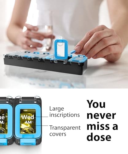 Weekly Pill Organizer 1 time a Day – Pill Box 7 Day with Enhanced Waterproof Seal, Large compartments Hold Big Vitamins & Supplements, Upgraded Locking lids, for Home & Travel use, Durable Hard case 8