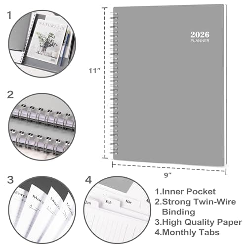 2026 Planner - 2026 Weekly and Monthly Planner, 9” × 11”, from JAN. 2026 to DEC. 2026, Inner Pocket, Premium Paper, Twin-wire Binding, Make Life Productive - Gray 6