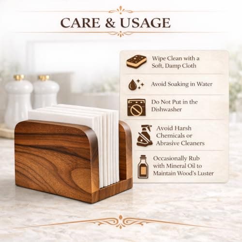 Acacia Wood Napkin Holder – Rustic Wooden Napkin Organizer for Kitchen, Dining Table, Picnic, Coffee Bar – Farmhouse Tabletop Dispenser for Square Paper Napkins 5