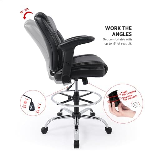 Ergonomic Mid-Back Premium Faux Leather Adjustable Drafting Chair with Multi-Function Arms and Foot Ring, Standing-Desk Matched Tall Swivel Computer Office Stool, Black 9